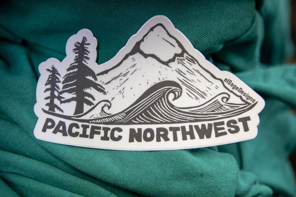 A sticker of a past design from Phoebe Carpenter Eells at elSage in Mount Vernon, Washington, on Thursday, Dec. 14, 2023. (Annie Barker / The Herald)
