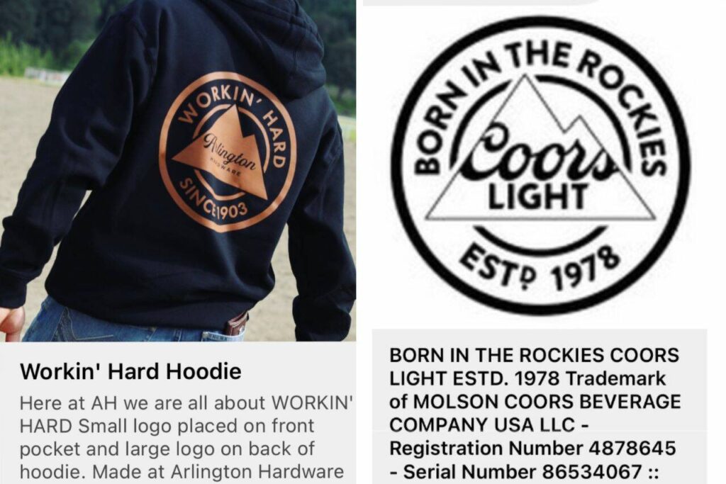 On the left, a design Arlington Hardware used on a sweatshirt. On the right is a Coors logo. (Contributed by Phoebe Carpenter Eells)
