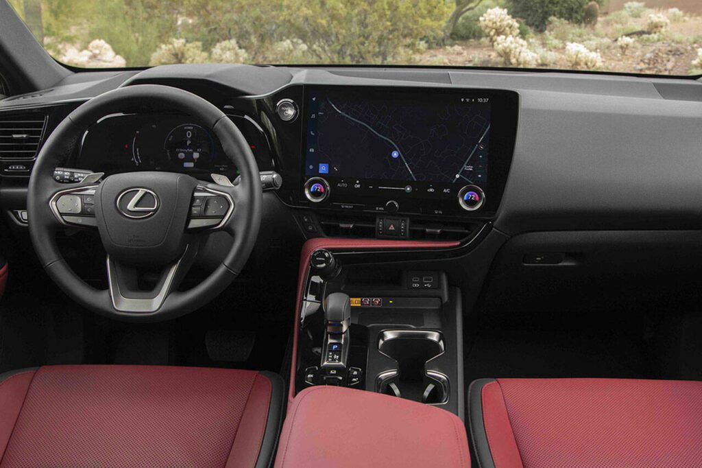 An optional Luxury package for the Lexus NX 350h upgrades the infotainment system with a 14-inch touchscreen. The standard screen size is 9.8 inches. (Lexus)
