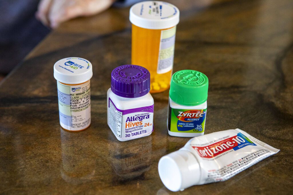 Cindy Clark’s various treatments she used for Long-COVID at her home in Mukilteo, Washington on Wednesday, Jan. 3, 2024. (Annie Barker / The Herald)
