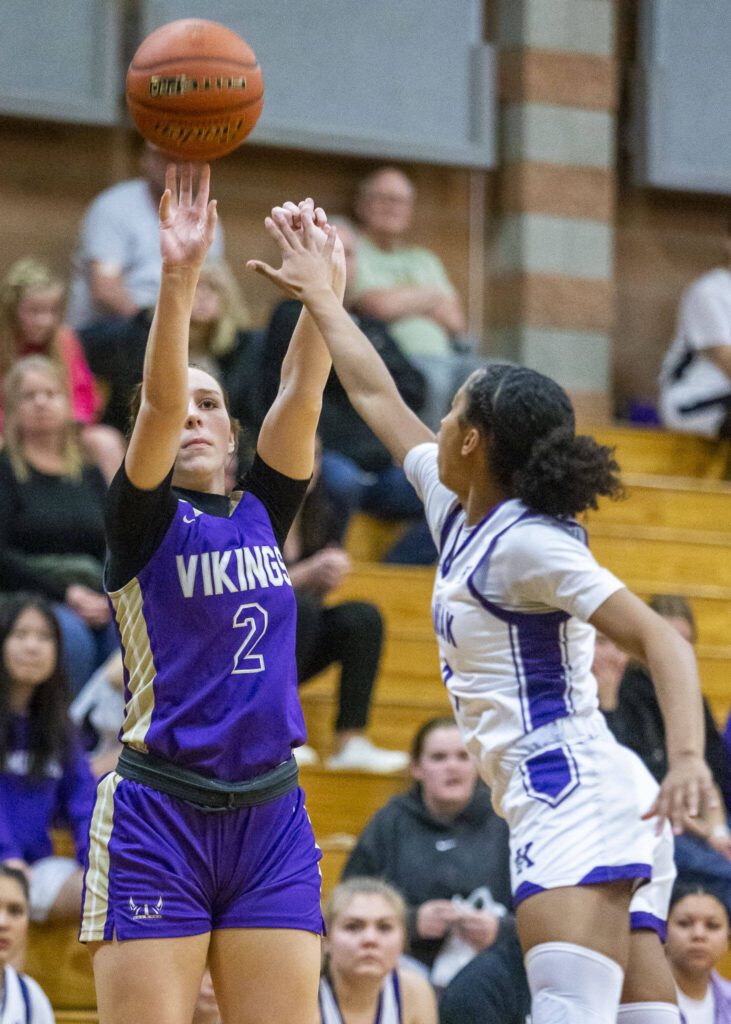 Lake Stevens’ Griffyn Eyman attempts a 3-point shot during the game against Kamiak on Wednesday, Jan. 3, 2024 in Mukilteo, Washington. (Olivia Vanni / The Herald)
