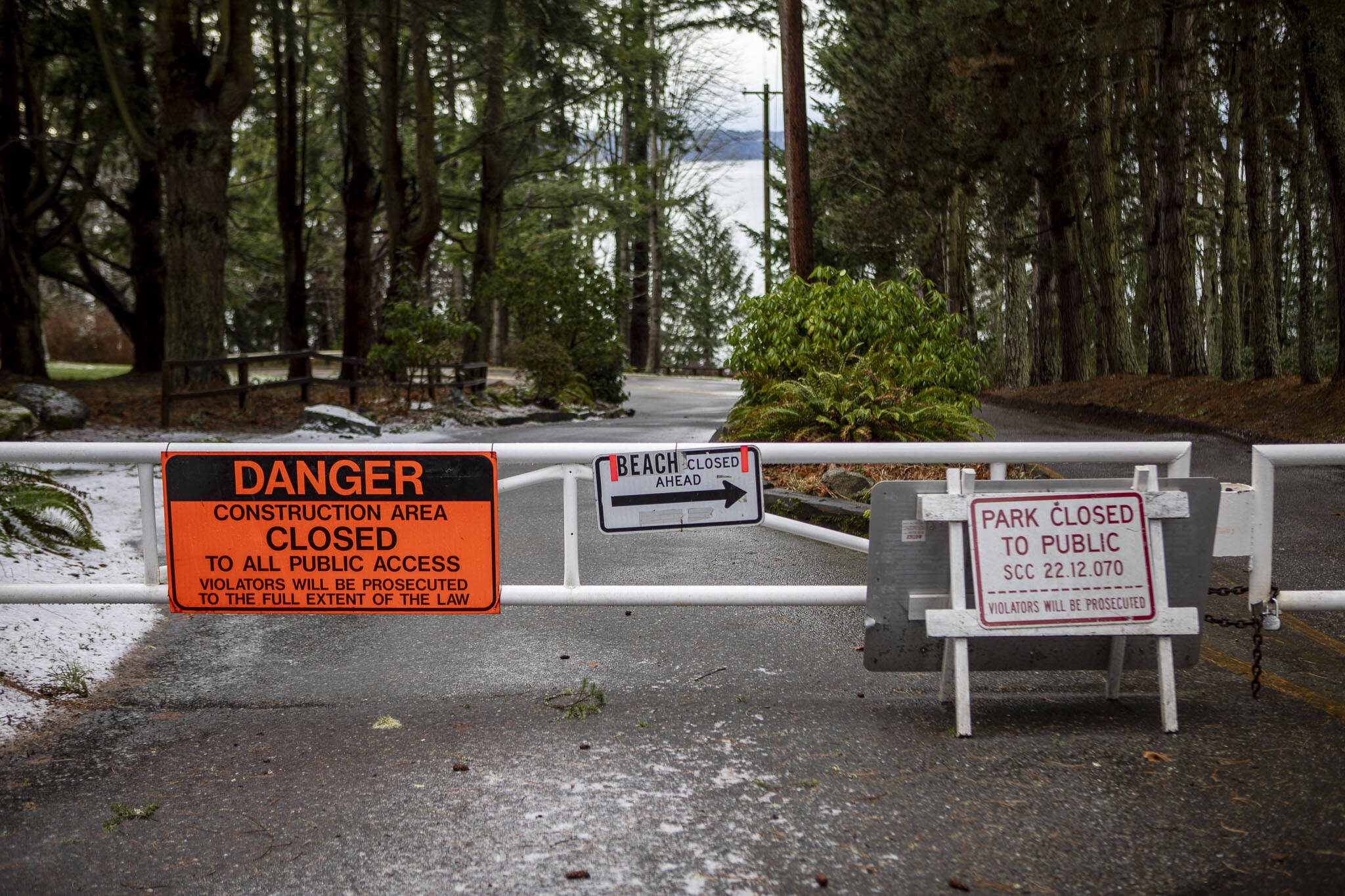 Signs announcing construction at Kayak Point Regional County Park in Stanwood, Washington on Wednesday, Jan. 17, 2024. (Annie Barker / The Herald)
