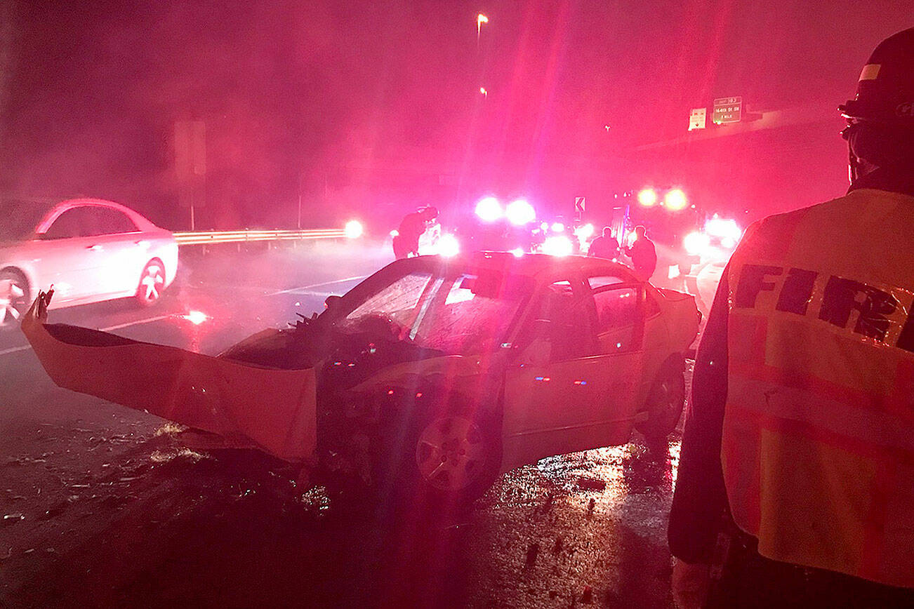 Two drivers were hospitalized for serious injuries Monday night after a suspected DUI crash on southbound Interstate 5's ramp to I-405 in Lynnwood. (South County Fire)