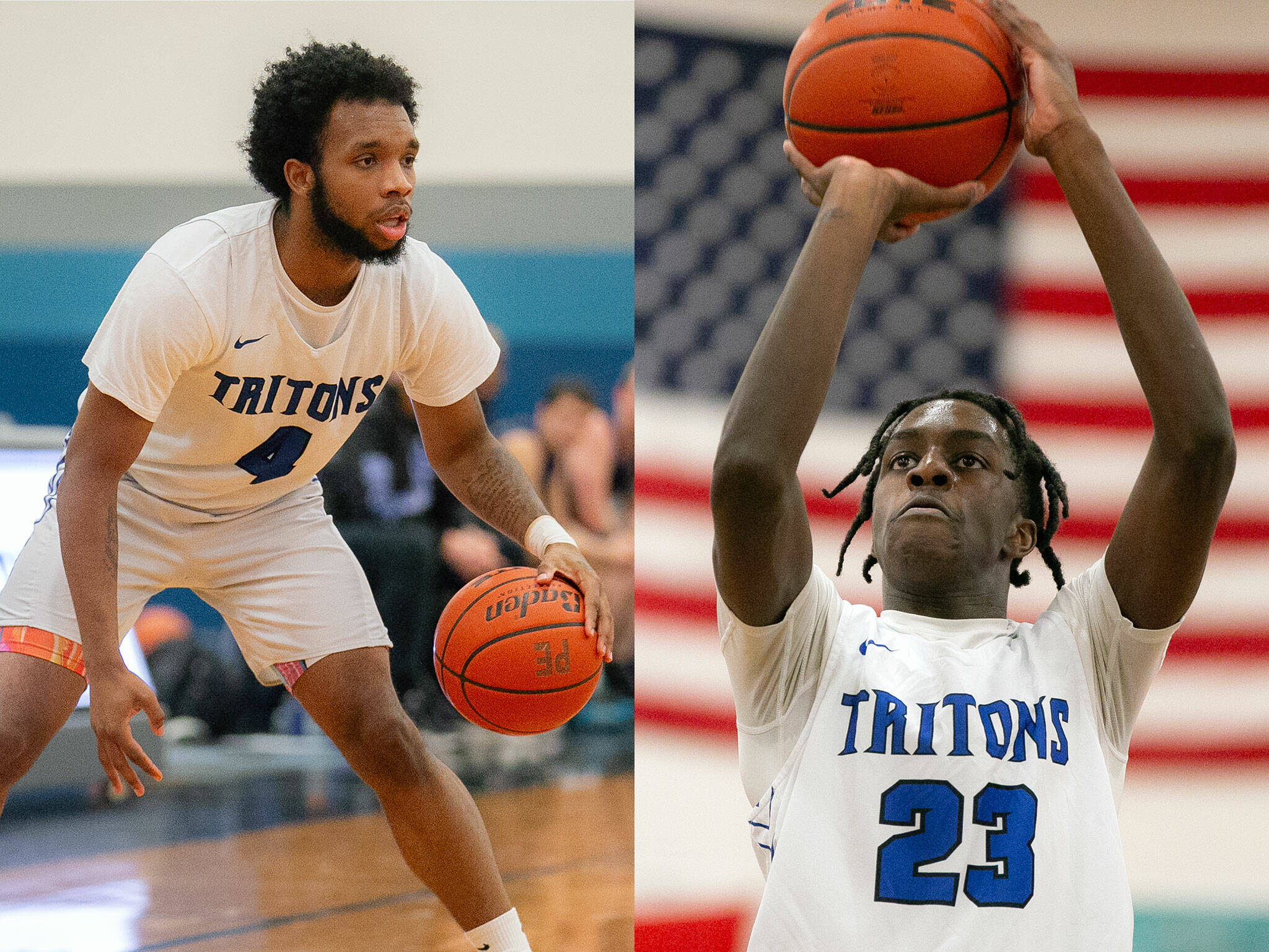Edmonds Colleges Naser Motley (4) and Josiah Pierre (23) play for the Tritons in this composite image during a game against Christian Faith on Jan. 4 at Seaview Gym in Lynnwood. (Ryan Berry / The Herald)
