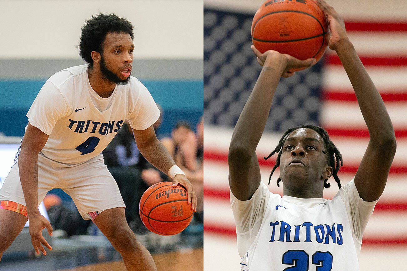 Edmonds College’s Naser Motley (4) and Josiah Pierre (23) play for the Tritons in this composite image during a game against Christian Faith on Thursday, Jan. 4, 2024, at Seaview Gym in Lynnwood, Washington. (Ryan Berry / The Herald)