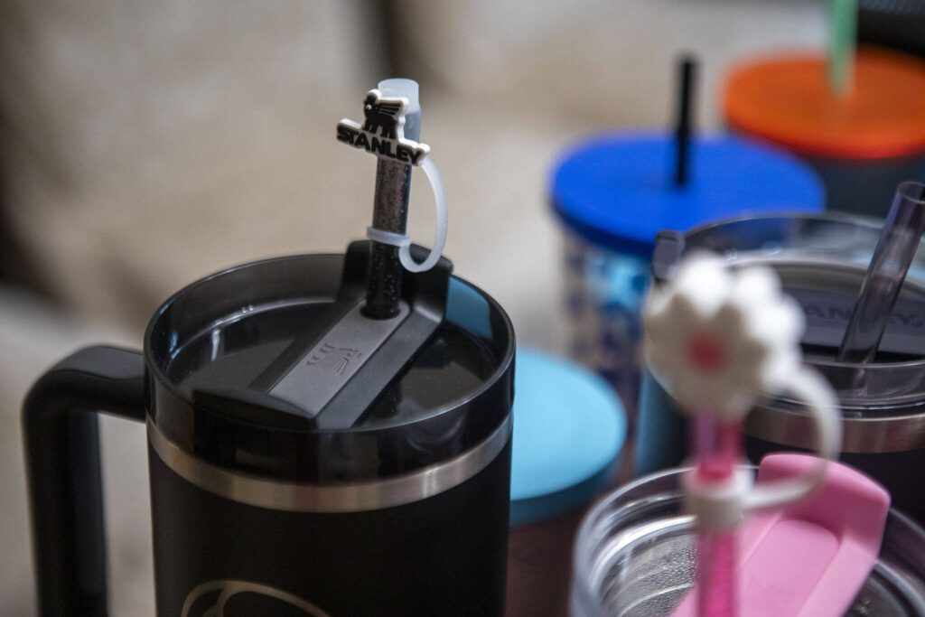 A straw cover on one of Cecilia Garcia’s water bottles. (Annie Barker / The Herald)
