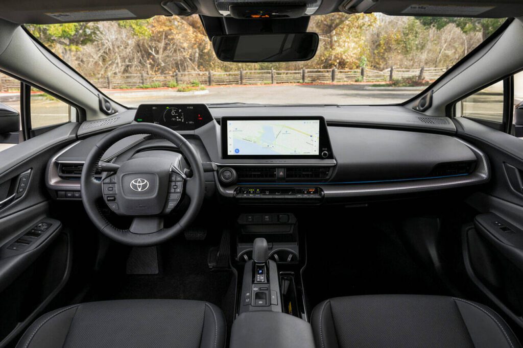 The Toyota Prius gauge cluster rises boldly from the dash directly in front of the driver. The Limited interior is shown here. (Toyota)
