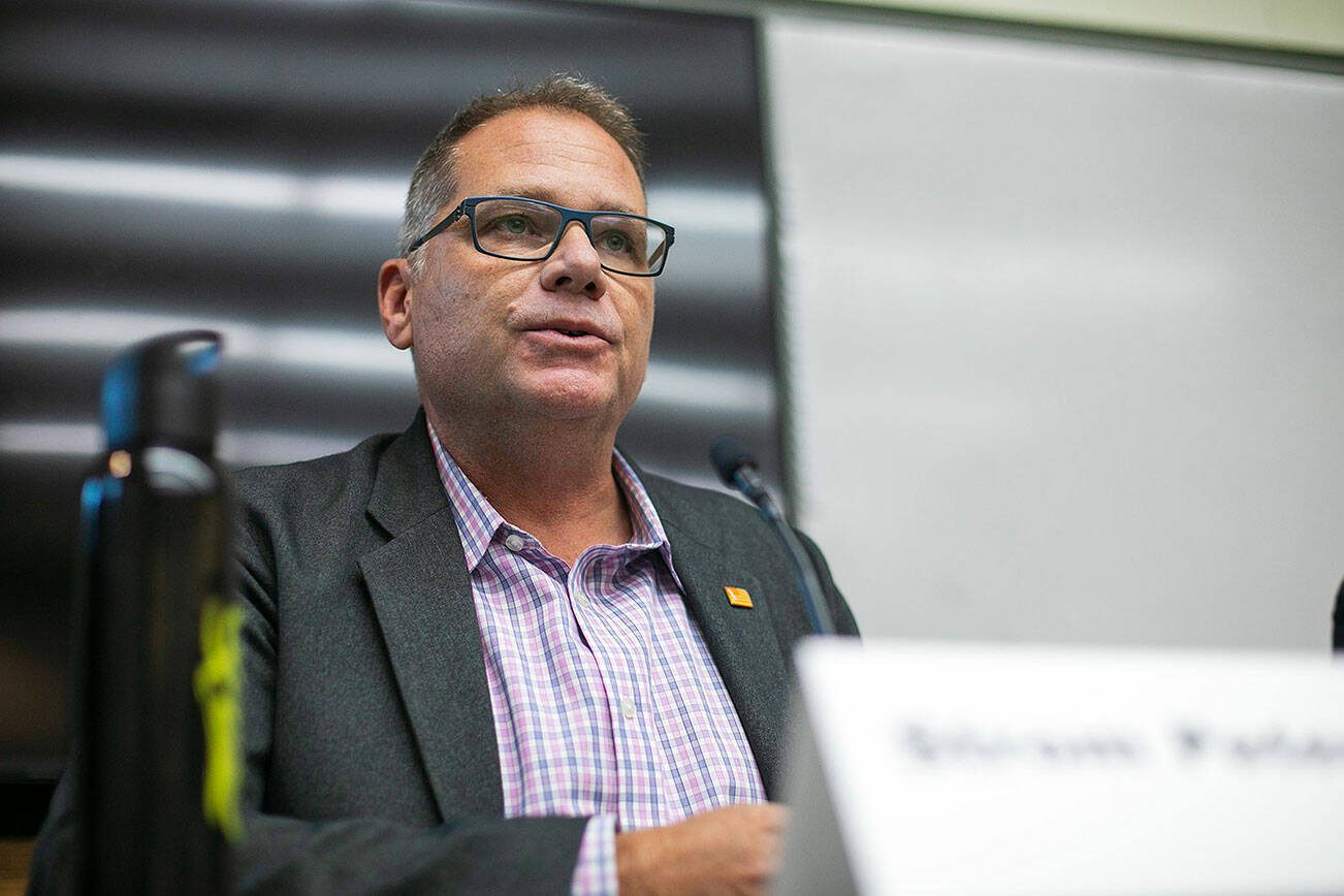 Rep. Strom Peterson of Washington’s 21st legislative district speaks during the Everett Herald’s public forum on affordable housing at the Lynnwood Library on Thursday, Sept. 14, 2023, in Lynnwood, Washington. (Ryan Berry / The Herald)