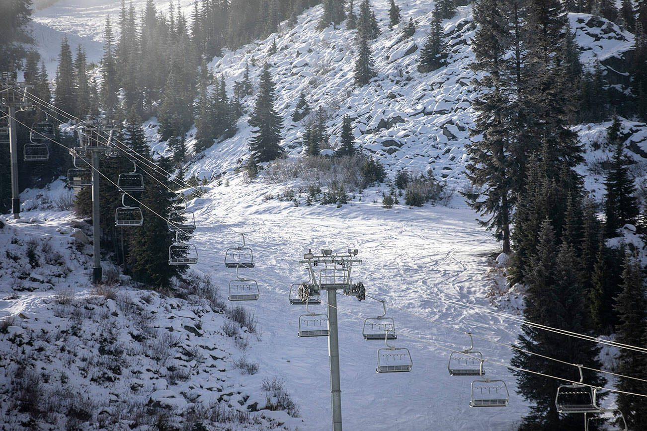 Ski lifts at Stevens Pass Resort in Skykomish, Washington on Wednesday, Nov. 29, 2023.  (Annie Barker / The Herald)