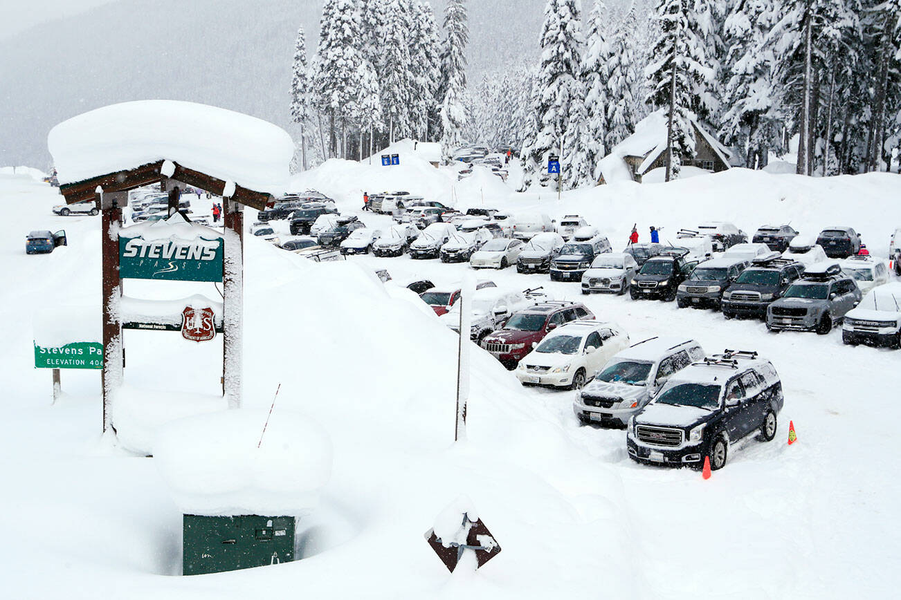 One of the parking lots at Stevens Pass Thursday afternoon on December 30, 2021.  (Kevin Clark / The Herald)