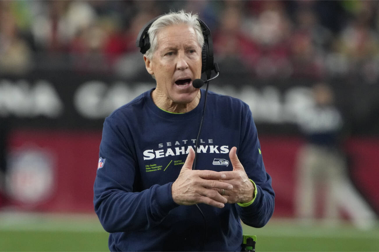 Seattle Seahawks head coach Pete Carroll during the first half of an NFL football game against the Arizona Cardinals, Sunday, Jan. 8, 2024, in Glendale, Ariz. (AP Photo/Rick Scuteri)