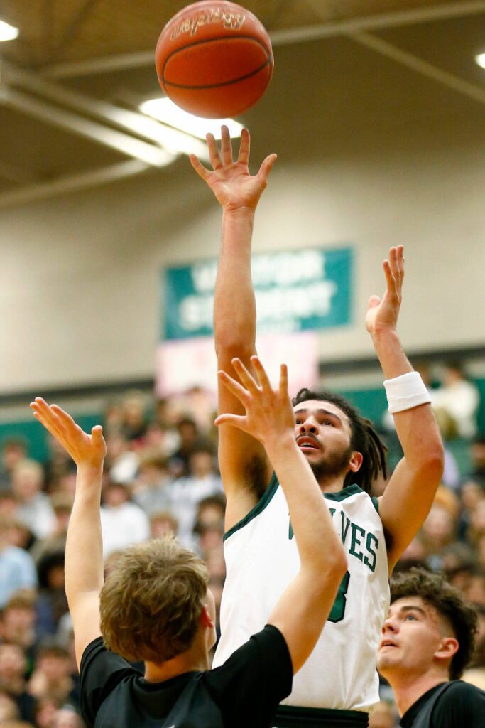 Jackson senior Trey Hawkins puts up a shot against Glacier Peak on Wednesday, Jan. 10, 2024, at Henry M. Jackson High School in Mill Creek, Washington. (Ryan Berry / The Herald)
