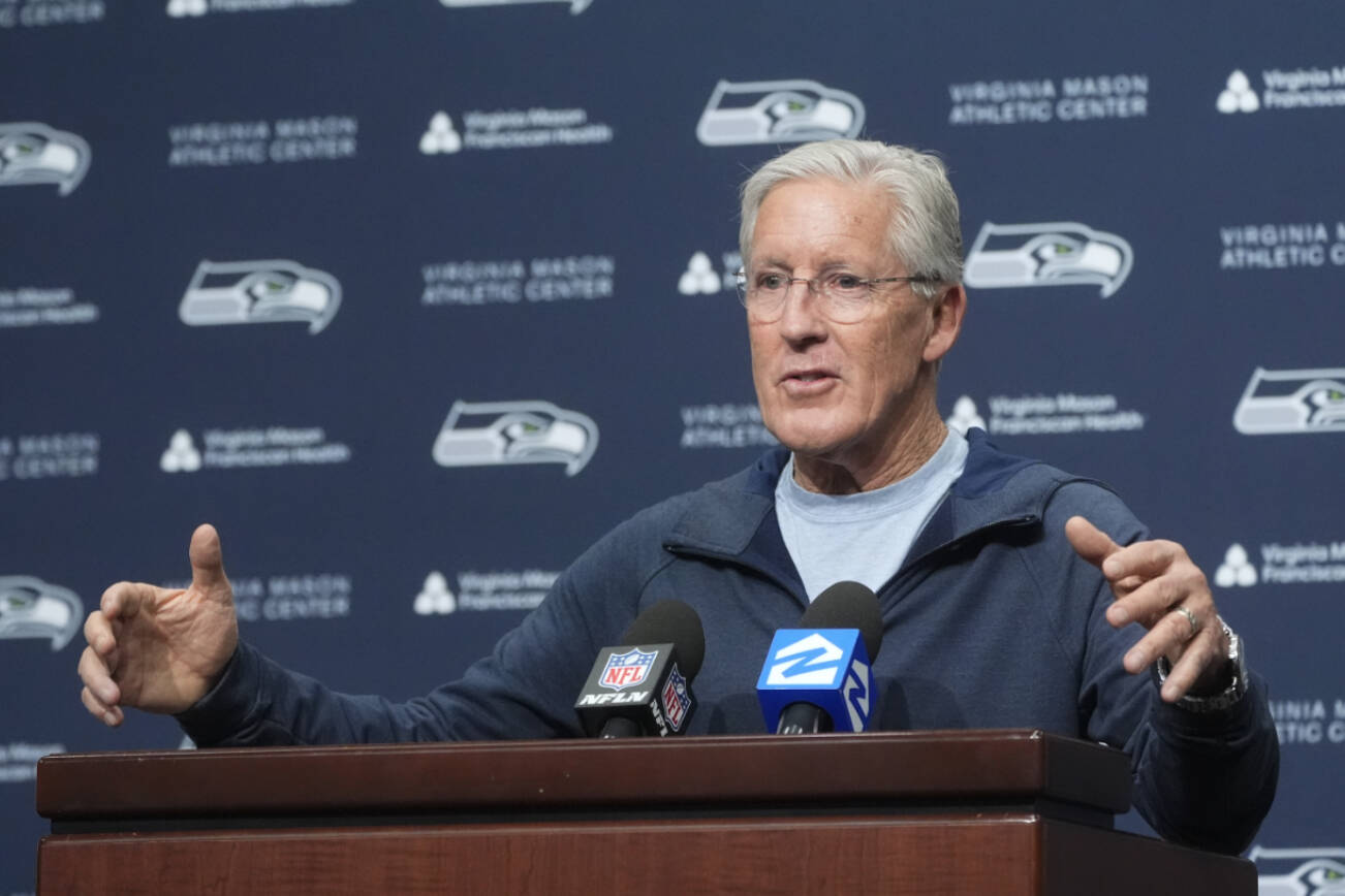 Former Seattle Seahawks head coach Pete Carroll speaks during a media availability after it was announced he will not return as head coach next season, Wednesday, Jan. 10, 2024, at the NFL football team's headquarters in Renton, Wash. Carroll will remain with the organization as an advisor. (AP Photo/Lindsey Wasson)