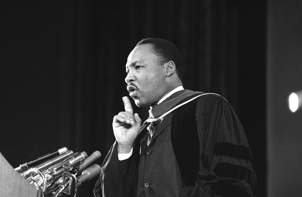 Dr. Martin Luther King Jr. addresses Charter Day Observance ceremonies at Howard University in Washington, D.C., March 2, 1965. (Charles Tasnadi / Associated Press)