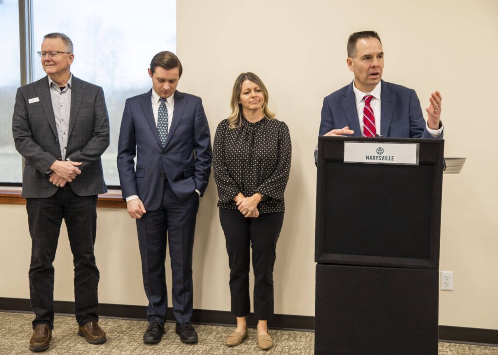 Marysville Mayor Jon Nehring speaks about the Cascade Industrial Center earning the Governor’s Smart Communities Award on Tuesday, Jan. 16, 2024 in Marysville, Washington. (Olivia Vanni / The Herald)
