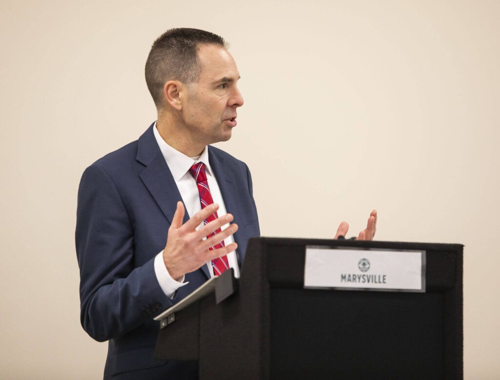 Marysville Mayor Jon Nehring speaks about the Cascade Industrial Center earning the Governor’s Smart Communities Award on Tuesday, Jan. 16, 2024 in Marysville, Washington. (Olivia Vanni / The Herald)
