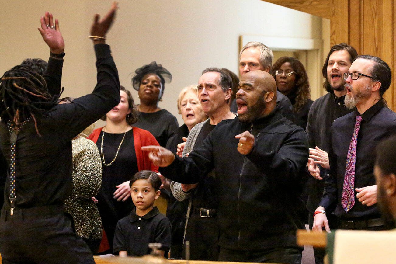 MLK Jr. Celebration Choir sing at the start of the Martin Luther King Jr. celebration Sunday at First Presbyterian Church in Everett on Jan. 19, 2020. (Kevin Clark / Herald file)