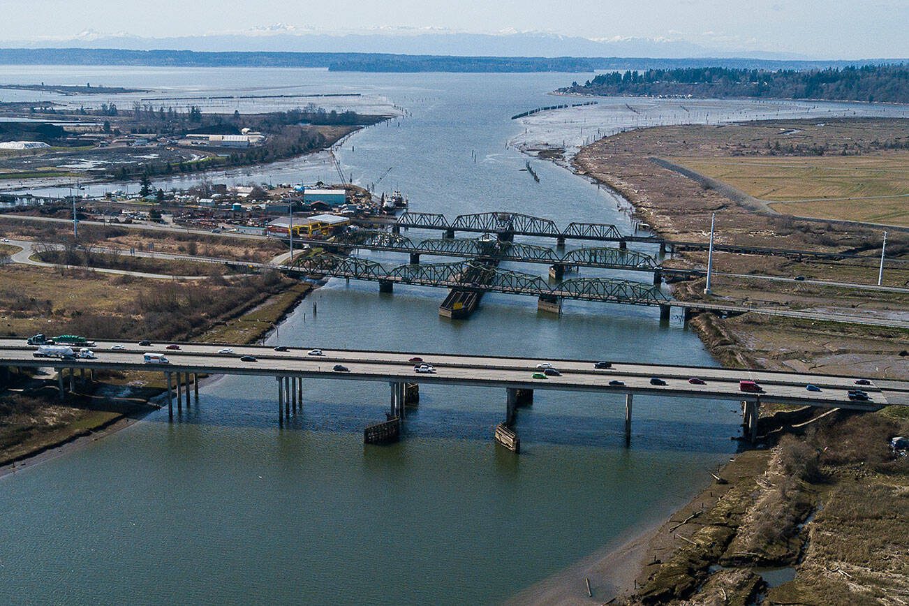 The I-5, Highway 529 and the BNSF railroad bridges cross over Union Slough as the main roadways for north and southbound traffic between Everett and Marysville. (Olivia Vanni / The Herald)