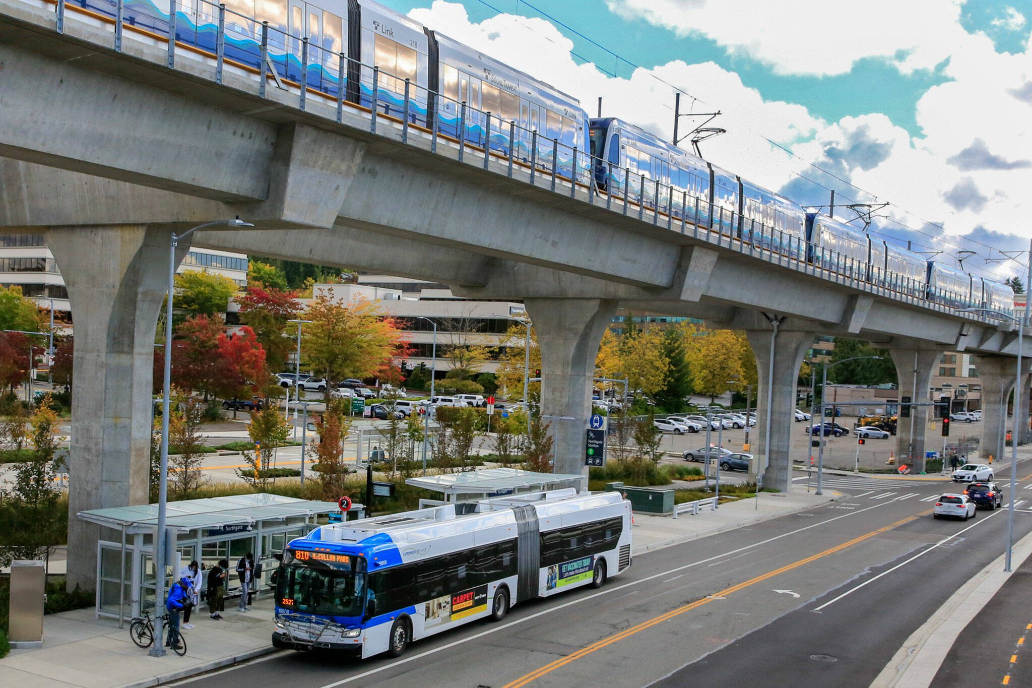 The 810 McCollum Park Community Transit bus at it’s stop in the shadow of the Northgate Light Rail Station in Seattle, Washington. (Kevin Clark / The Herald)