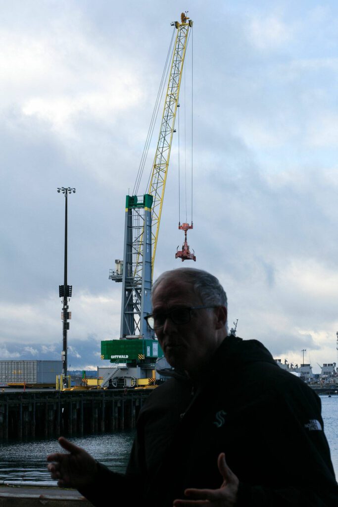 Gov. Jay Inslee addresses the media at the Port of Everett Seaport on Wednesday, Jan. 17, 2024, in Everett, Washington. (Ryan Berry / The Herald)
