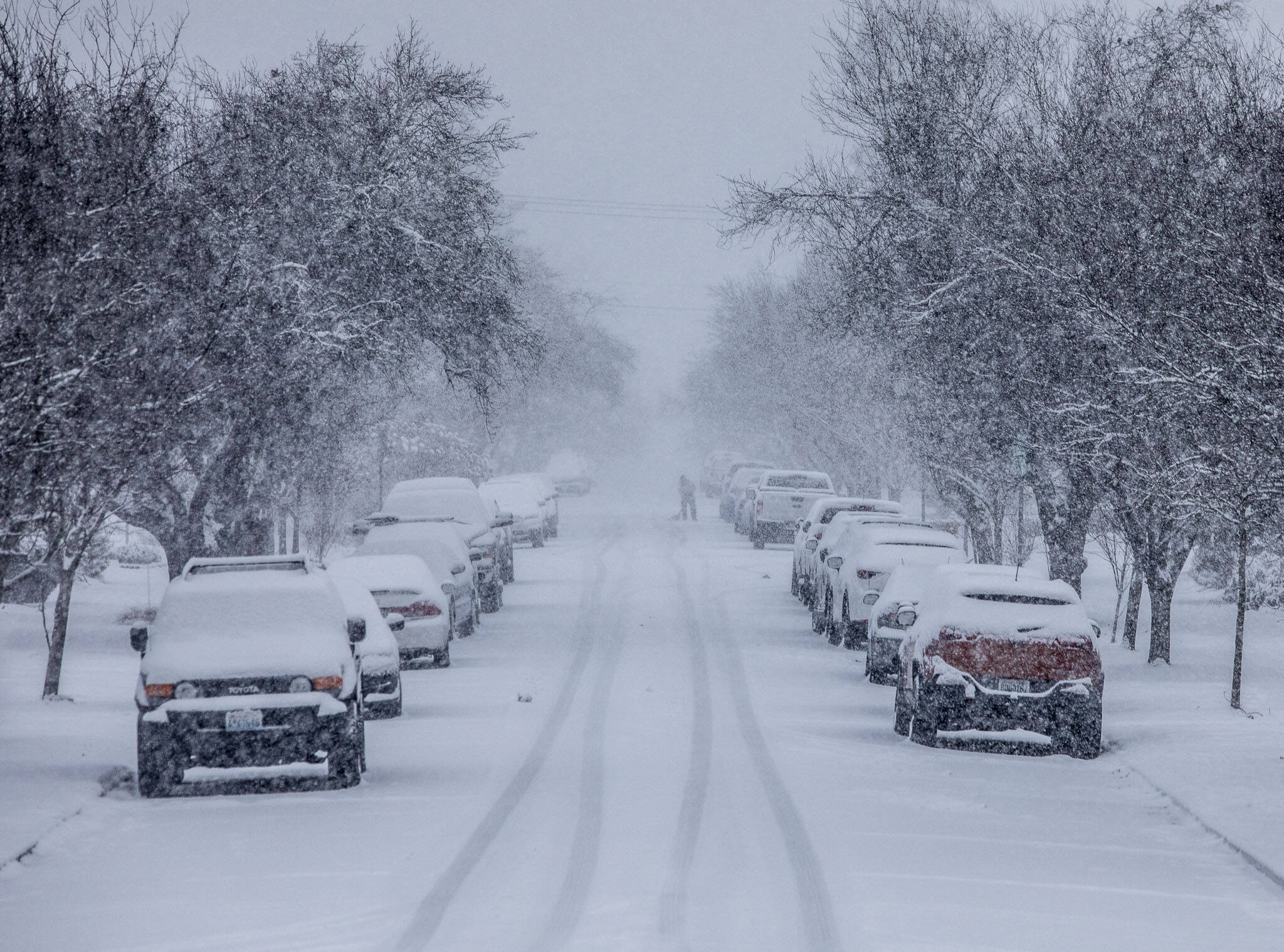 A person shovels snow away from their car tires as snow falls on Tuesday, Dec. 20, 2022 in Everett, Washington. (Olivia Vanni / The Herald)