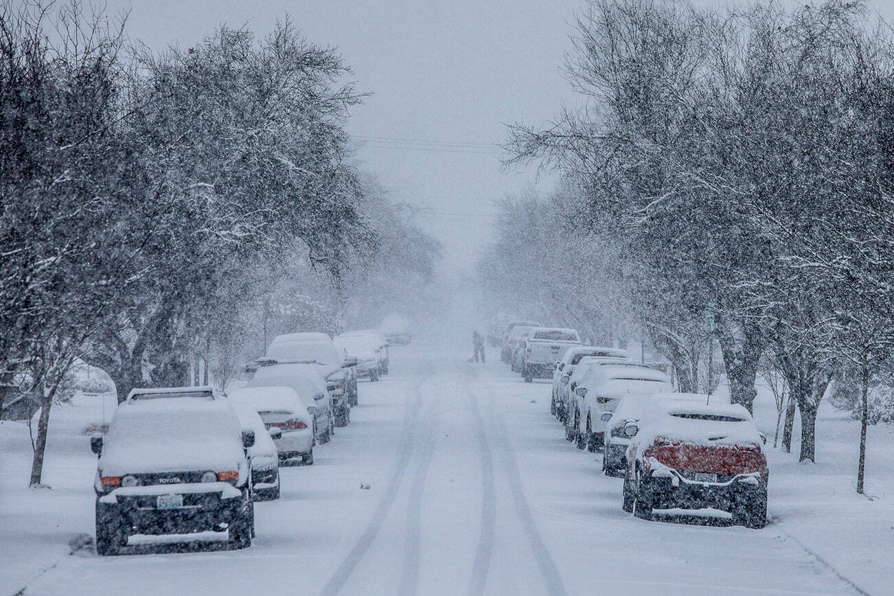 A person shovels snow away from their car tires as snow falls on Tuesday, Dec. 20, 2022 in Everett, Washington. (Olivia Vanni / The Herald)