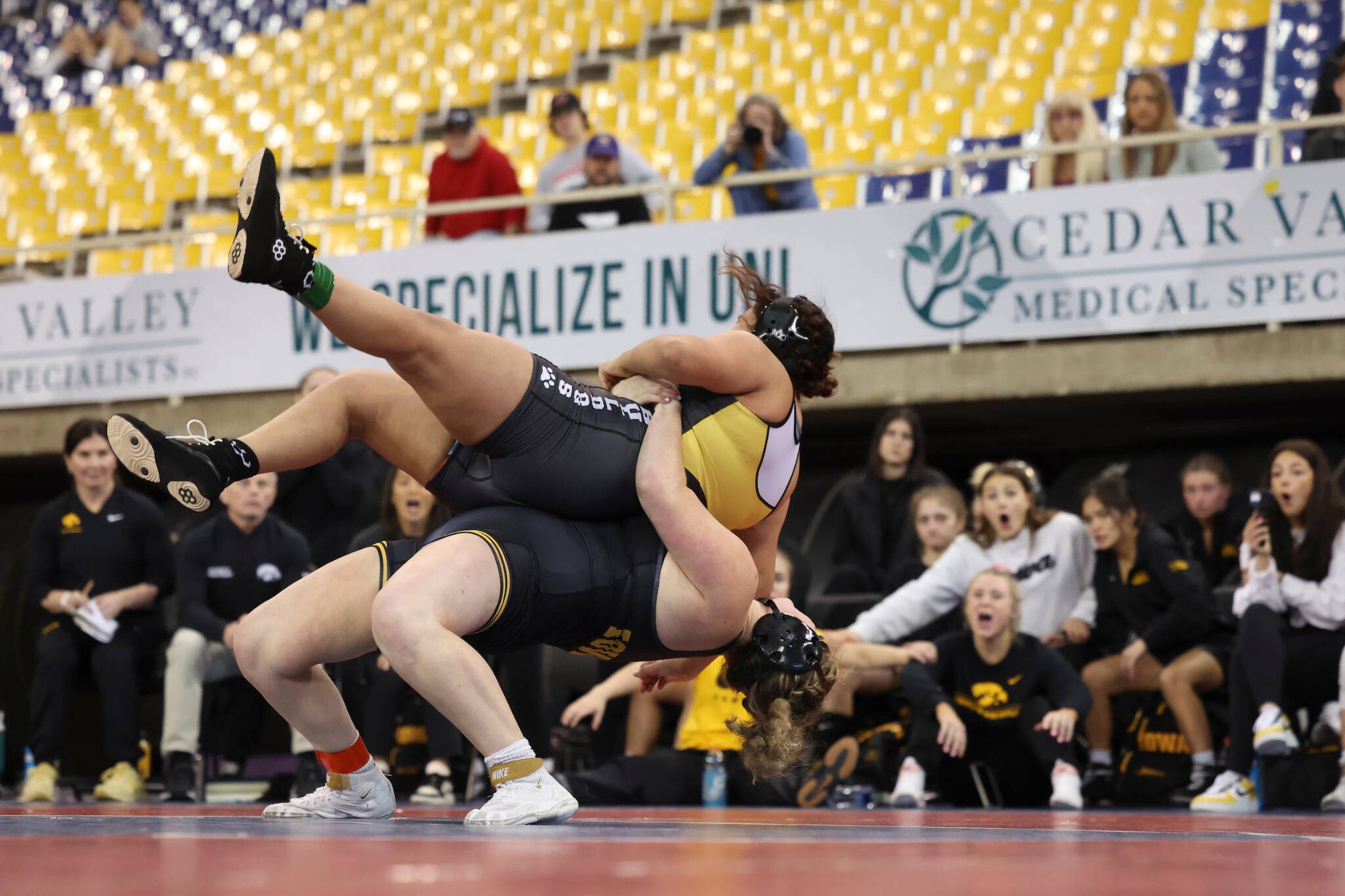 Iowa Hawkeyes’ Alivia White, a Marysville Pilchuck High School graduate, executes a rare five-point throw that went viral during the NWCA National Dual Meet Championships on Jan. 5 at the UNI-Dome in Cedar Falls, Iowa. (Jerod Ringwald/hawkeyesports.com)