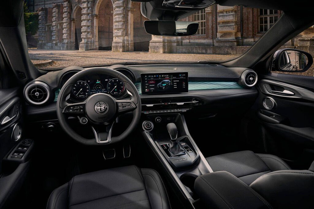 Alfa Romeo’s heraldic logo is featured prominently on the 2024 Tonale steering wheel. (Alfa Romeo)
