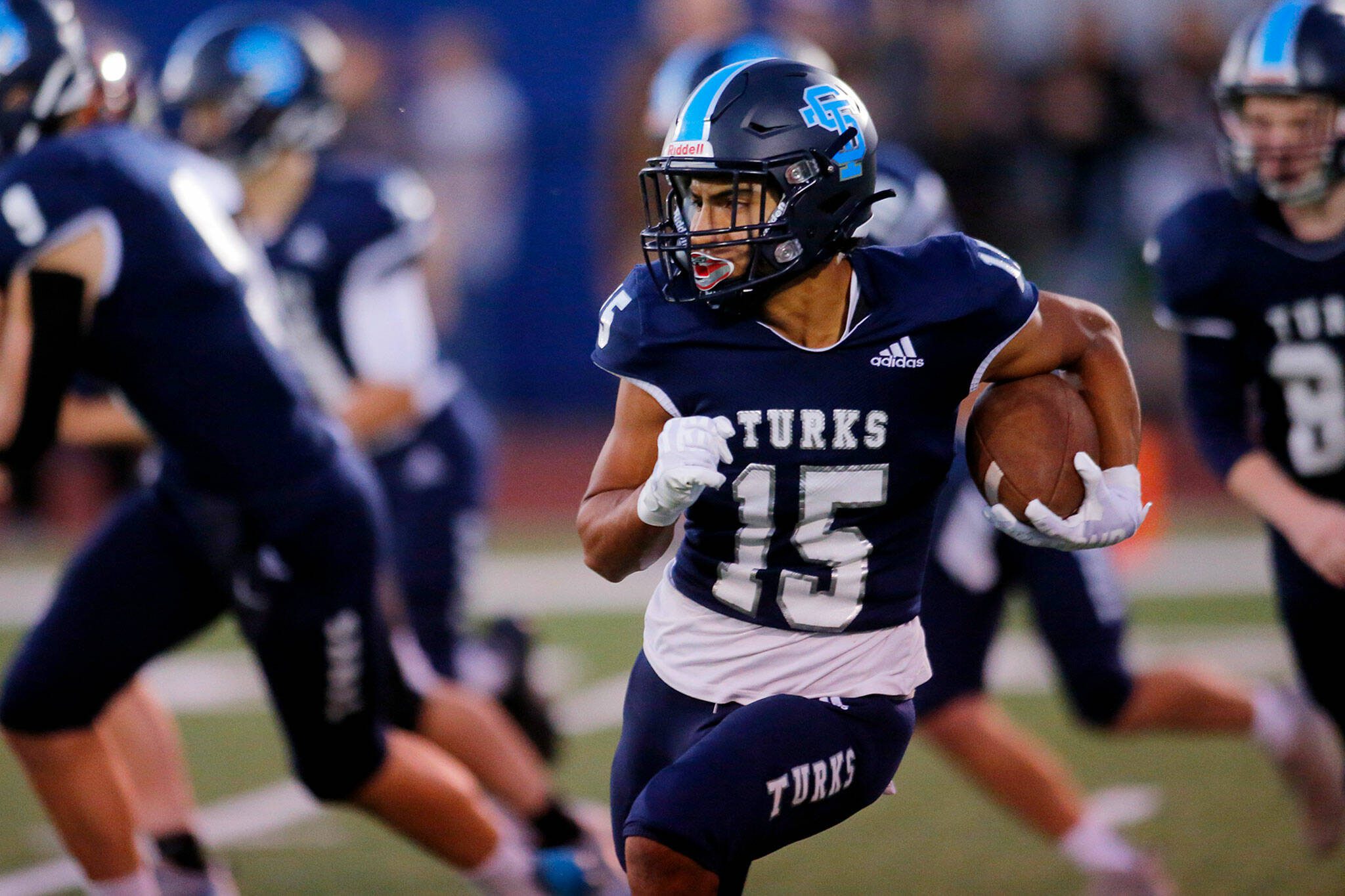 Sultan’s Julio Vargas takes the opening kickoff against Granite Falls on Sept. 30, 2022, in Sultan. The Turks will be moving to Class 2A after their appeal to remain in 1A was denied. (Ryan Berry / The Herald)