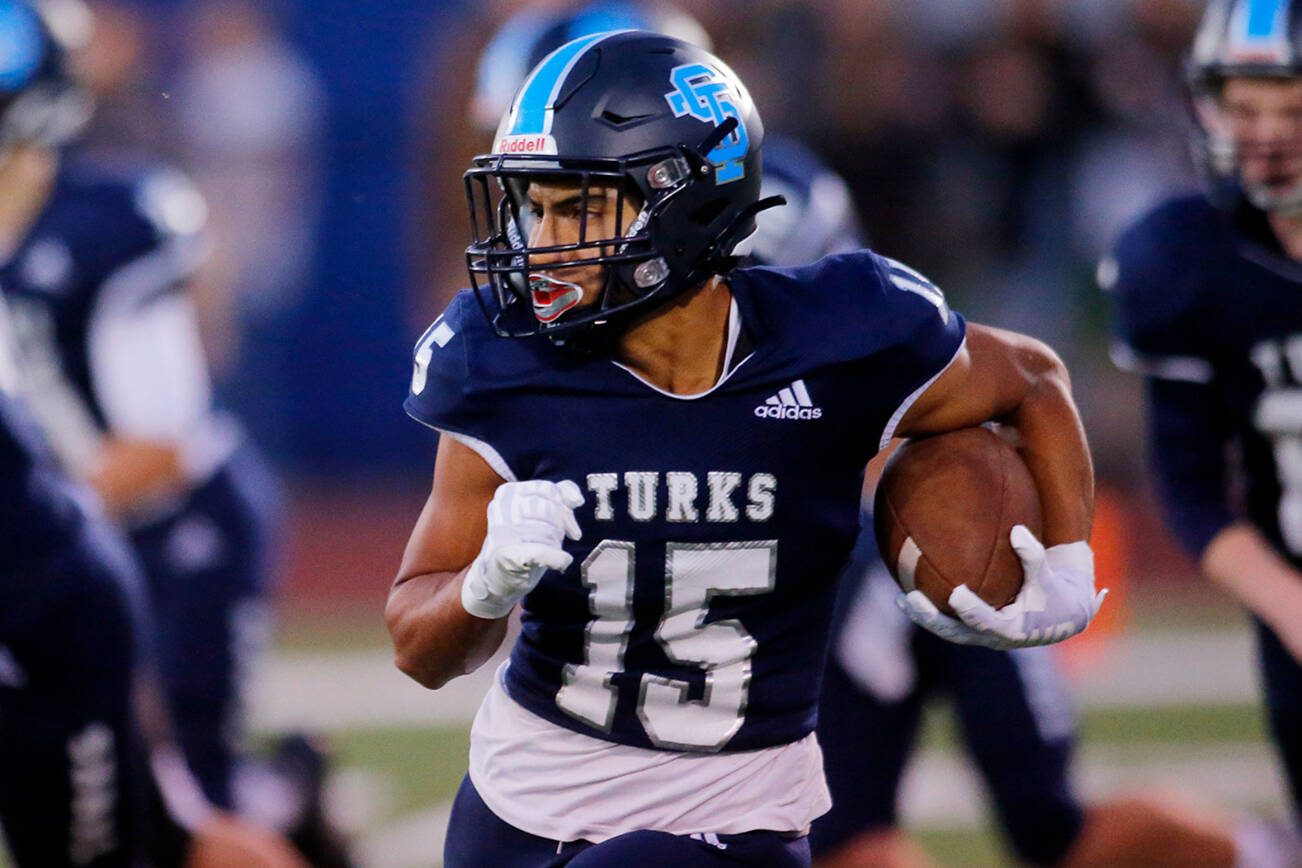 Sultan’s Julio Vargas takes the opening kickoff against Granite Falls on Friday, Sep. 30, 2022, at Sultan High School in Sultan, Washington. (Ryan Berry / The Herald)