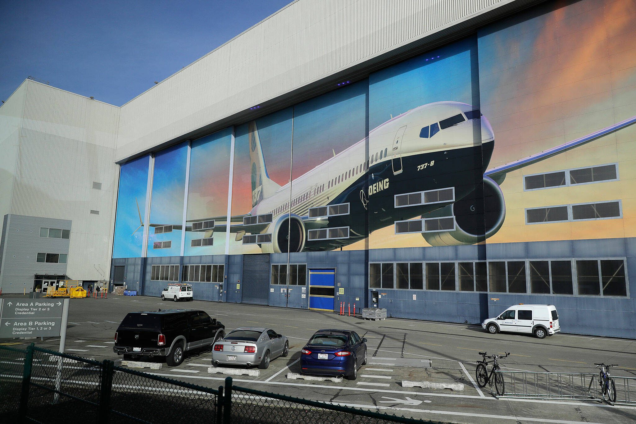 The exterior doors of Boeing’s 737 assembly factory shown Wednesday, March 27, 2019, in Renton, Washington. (AP Photo/Ted S. Warren)