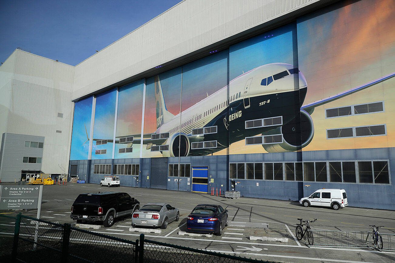 The exterior doors of Boeing's 737 assembly factory are shown closed Wednesday, March 27, 2019, in Renton, Wash. (AP Photo/Ted S. Warren)