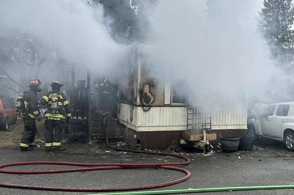 The mobile home in the 2000 block of Center Road was a total loss after Thursday afternoon’s fire. (South County Fire)
