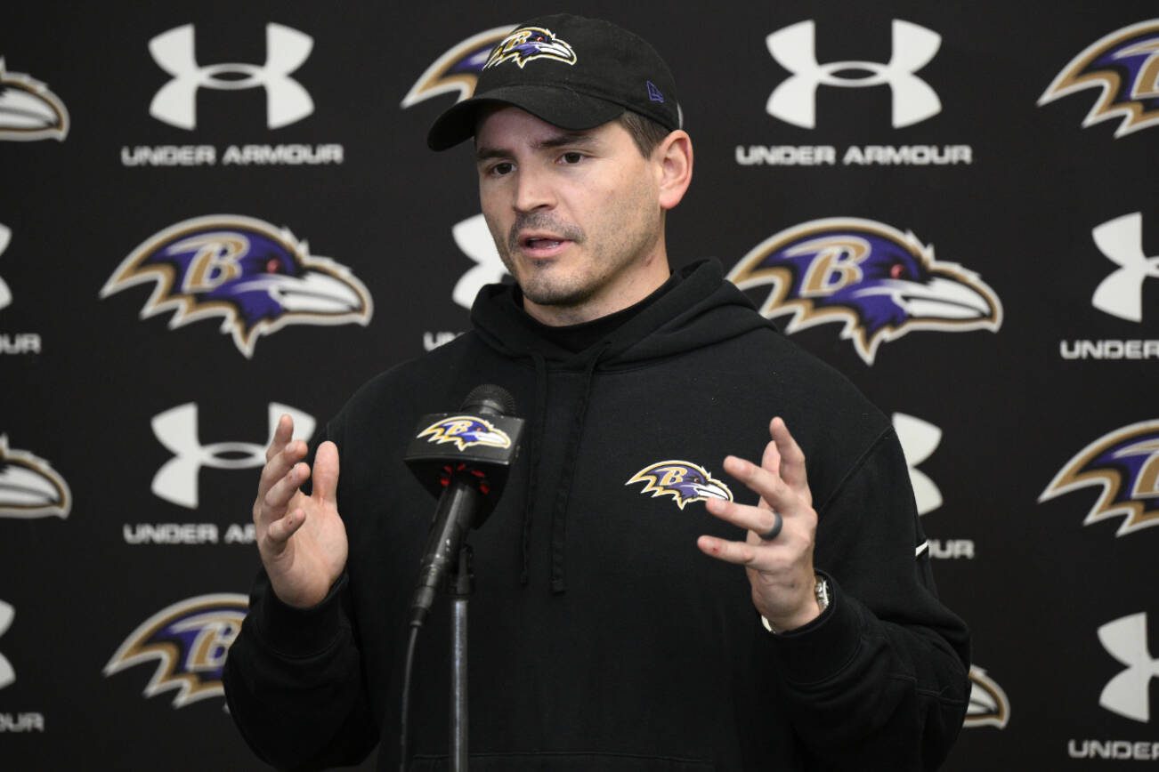 Baltimore Ravens defensive coordinator Mike Macdonald talks to the media during an NFL football media availability, Thursday, Jan. 25, 2024, in Owings Mills, Md. (AP Photo/Nick Wass)