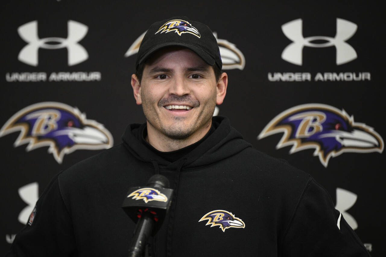 Baltimore Ravens defensive coordinator Mike Macdonald talks to the media Jan. 25 in Owings Mills, Md. (AP Photo/Nick Wass)