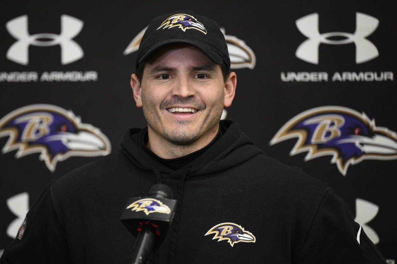 Baltimore Ravens defensive coordinator Mike Macdonald talks to the media during an NFL football media availability, Thursday, Jan. 25, 2024, in Owings Mills, Md. (AP Photo/Nick Wass)