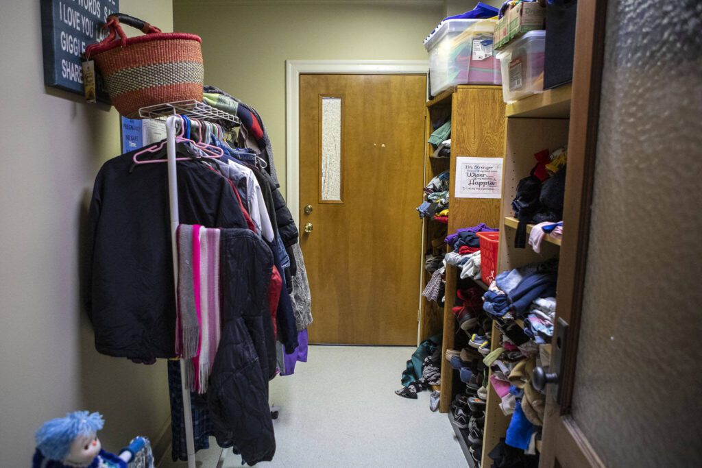 A donation room at the Parent-Child Assistance Program office at Sound Pathways in Everett, Washington on Friday, Jan. 12, 2024. (Annie Barker / The Herald)
