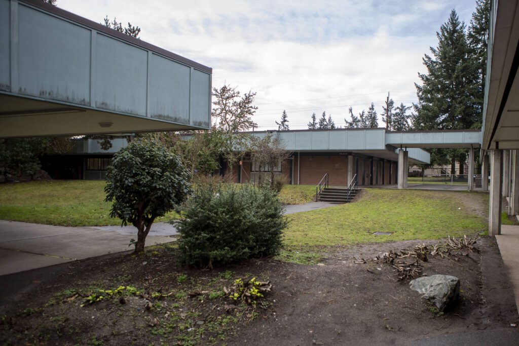 A courtyard at the College Place Middle School in Lynnwood, Washington, on Thursday, Feb. 1, 2023. If approved, a capital bond measure on the February ballot would allow the school district to rebuild both College Place Elementary and Middle. (Annie Barker / The Herald)
