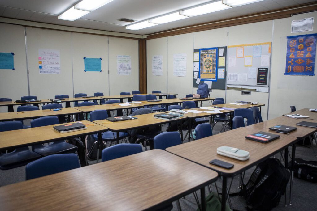 A classroom with folding walls inside College Place Middle School in Lynnwood, Washington, on Thursday, Feb. 1, 2023. Noise transfers easily between rooms. If approved, a capital bond measure on the February ballot would allow the school district to rebuild both College Place Elementary and Middle. (Annie Barker / The Herald)
