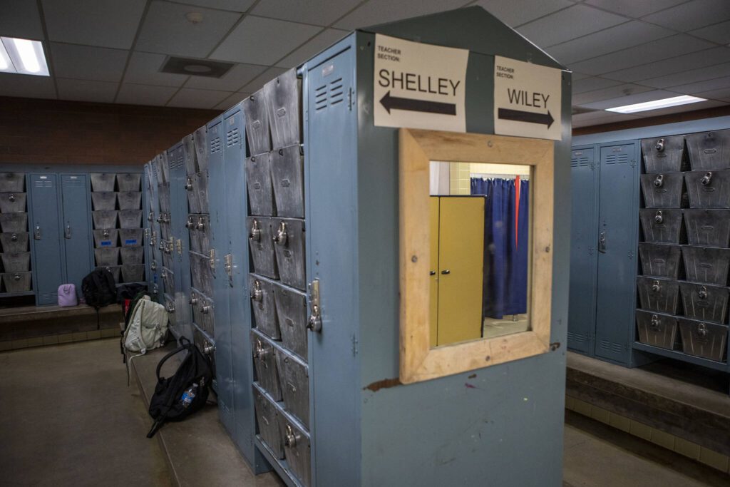The locker room inside College Place Middle School in Lynnwood, Washington, on Thursday, Feb. 1, 2023. If approved, a capital bond measure on the February ballot would allow the school district to rebuild both College Place Elementary and Middle. (Annie Barker / The Herald)
