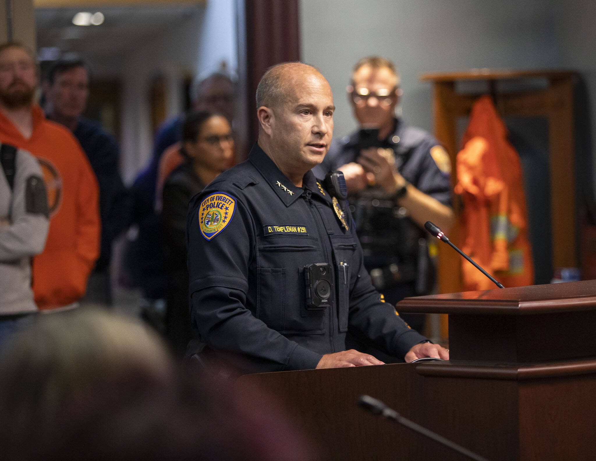 Everett Police Chief Dan Templeman announces his retirement after 31 years of service at the Everett City Council meeting on Wednesday, Sept. 27, 2023 in Everett, Washington. (Olivia Vanni / The Herald)