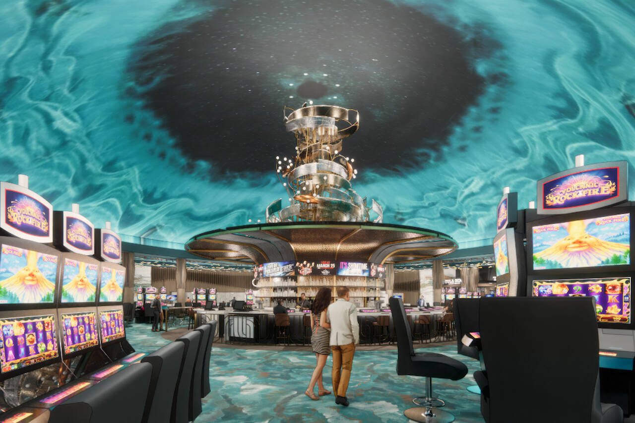 The Tulalip Resort Casino is undergoing a two-year renovation that expands the existing casino by 70,000 square and adds design features throughout that highlight the Tulalip Tribes’ culture and traditions. This illustration depicts the casino’s new center bar. (Rice Fergus Miller)