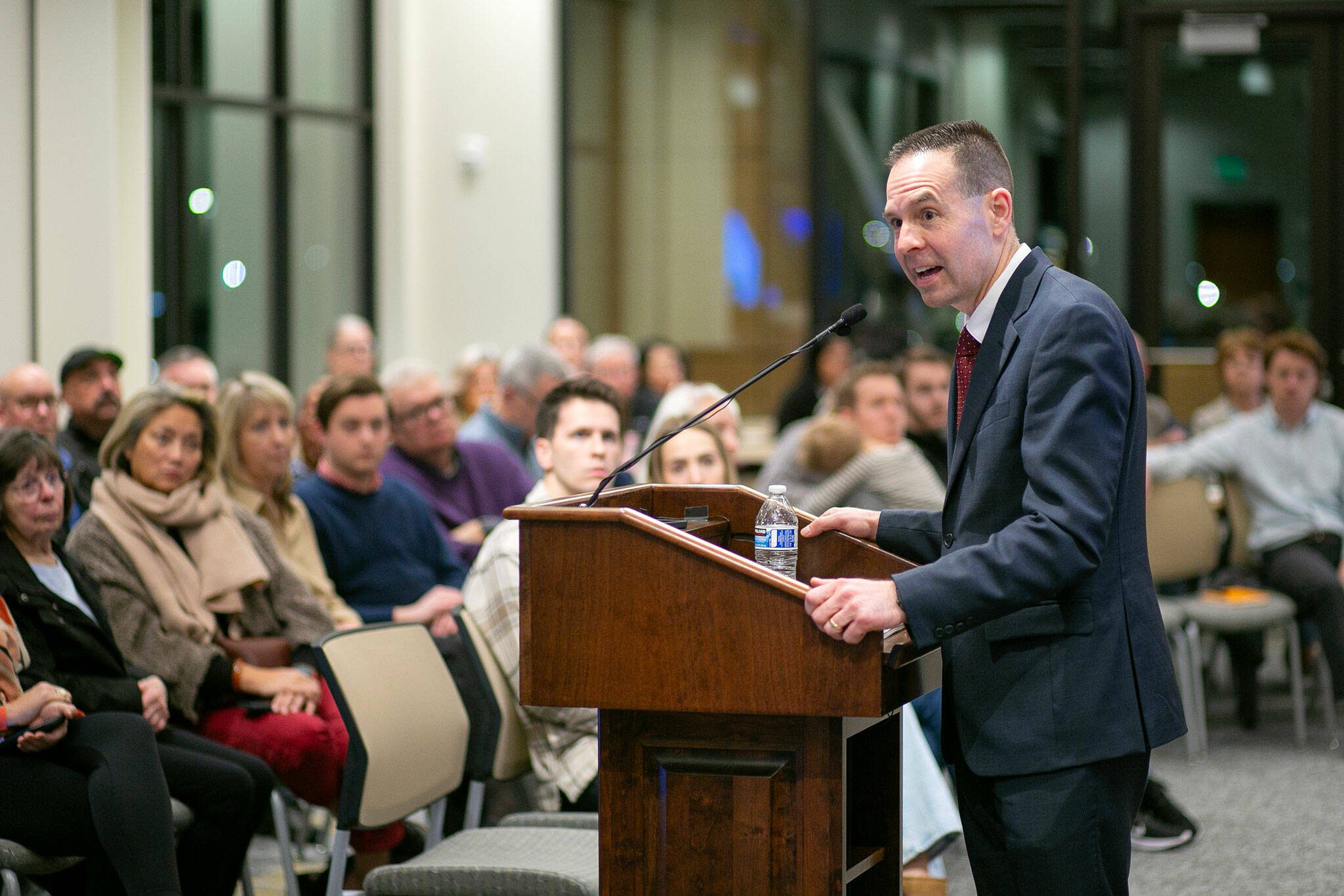 Marysville Mayor Jon Nehring gives the state of the city address to a full room at the Marysville Civic Center on Wednesday, Jan. 31, 2024, in Marysville, Washington. (Ryan Berry / The Herald)
