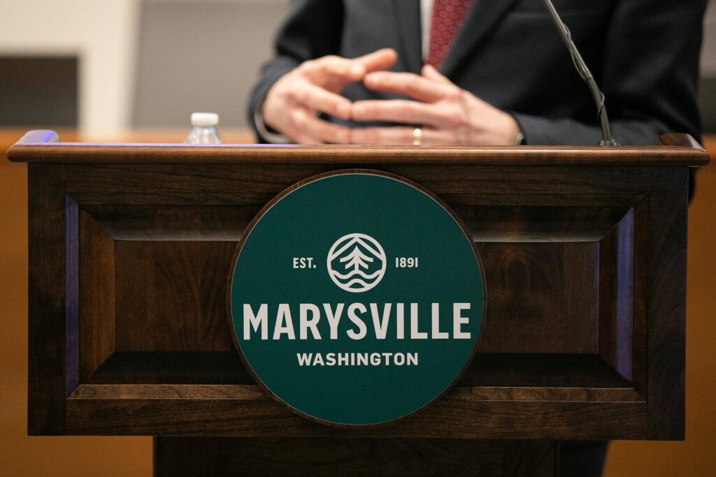 Marysville Mayor Jon Nehring gives the state of the city address at the Marysville Civic Center on Wednesday, Jan. 31, 2024, in Marysville, Washington. (Ryan Berry / The Herald)
