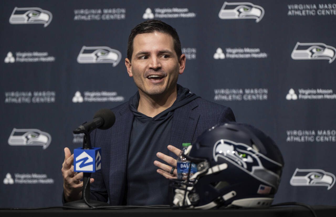 Seattle Seahawks new NFL football head coach Mike Macdonald speaks during an introductory press conference Thursday in Renton. (AP Photo/Stephen Brashear)