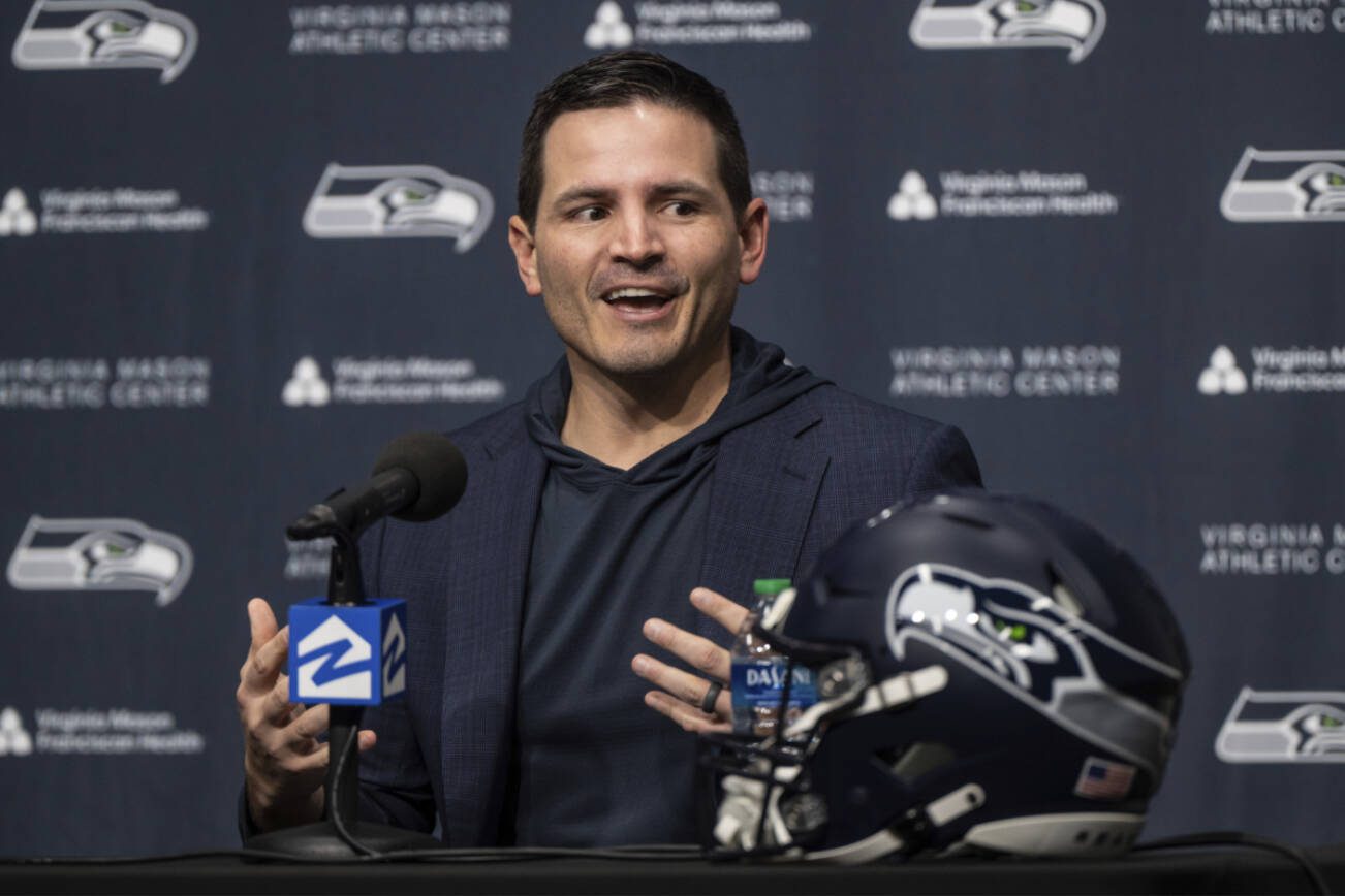 Seattle Seahawks new NFL football head coach Mike Macdonald speaks during an introductory press conference, Thursday, Feb. 1, 2024, in Renton, Wash. (AP Photo/Stephen Brashear)