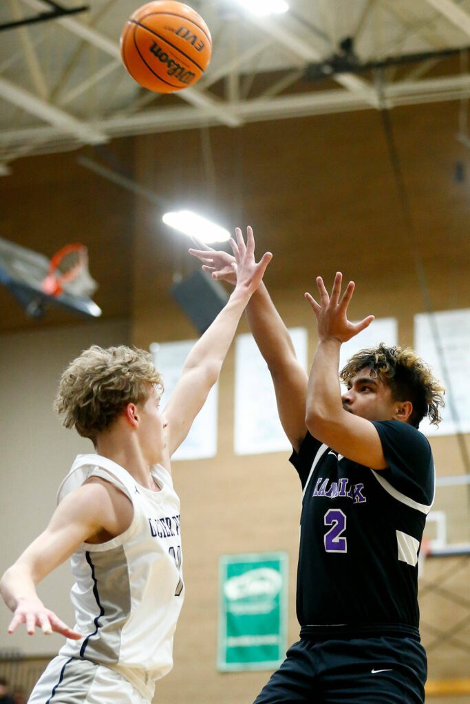 Kamiak’s Geoffrey Keleb puts up a mid-range jumper against Glacier Peak during a 4A boys basketball game on Thursday, Feb. 1, 2024, at Glacier Peak High School in Snohomish, Washington. (Ryan Berry / The Herald)
