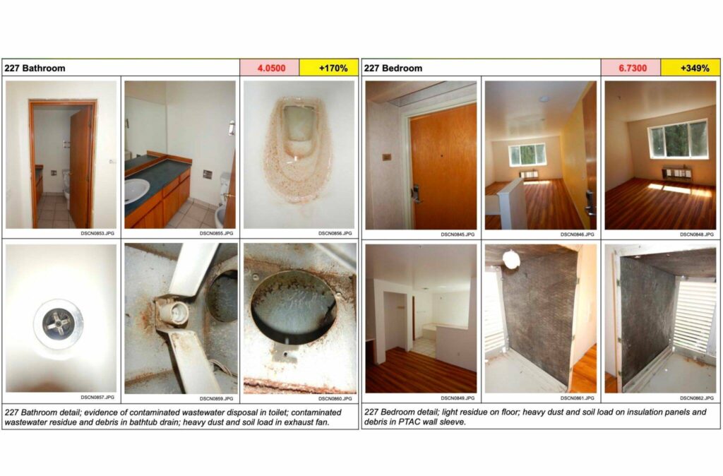 Photos of the Edmonds site after decontamination efforts show dirty toilets, drains and floors, from an Abatement and Contamination Specialists report published July 2023. (Courtesy of Snohomish County)
