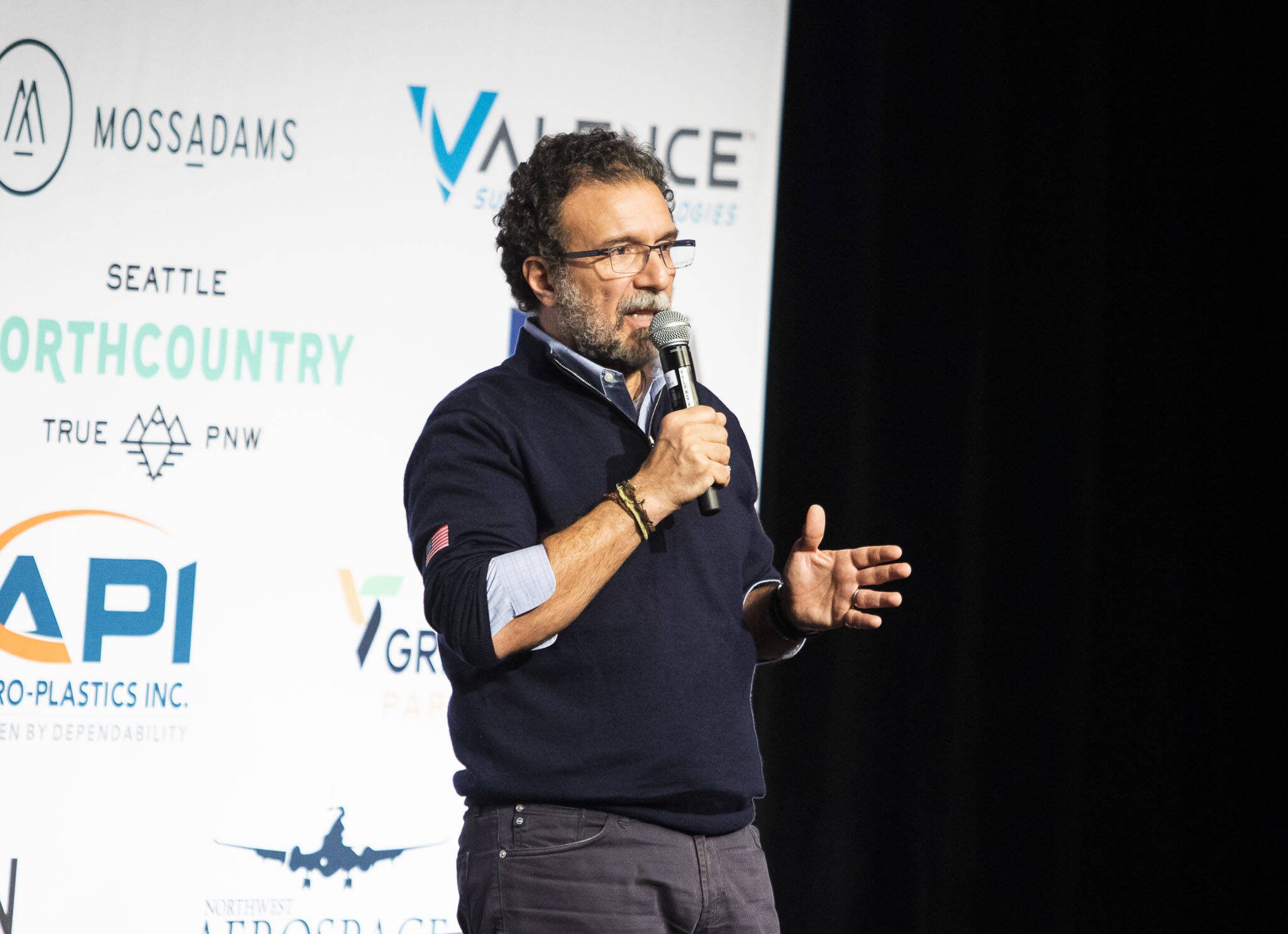 Ihssane Mounir, senior vice president of Global Supply Chain for Boeing, speaks at the Pacific Northwest Aerospace Conference on Wednesday, Feb. 7, 2024 in Lynnwood, Washington. (Olivia Vanni / The Herald)