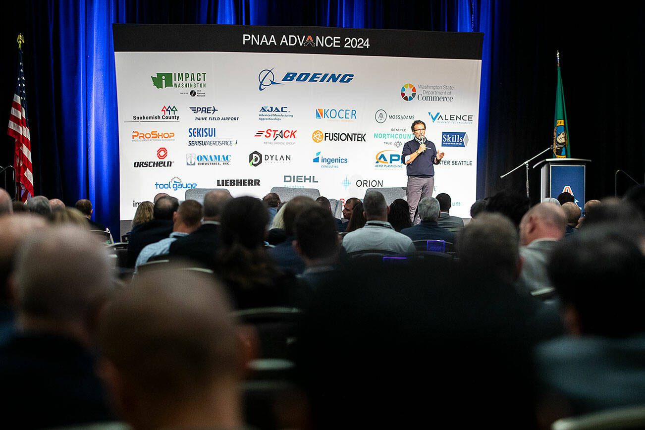 Ihssane Mounir, senior vice president of Global Supply Chain for Boeing, speaks at the Pacific Northwest Aerospace Conference on Wednesday, Feb. 7, 2024 in Lynnwood, Washington. (Olivia Vanni / The Herald)